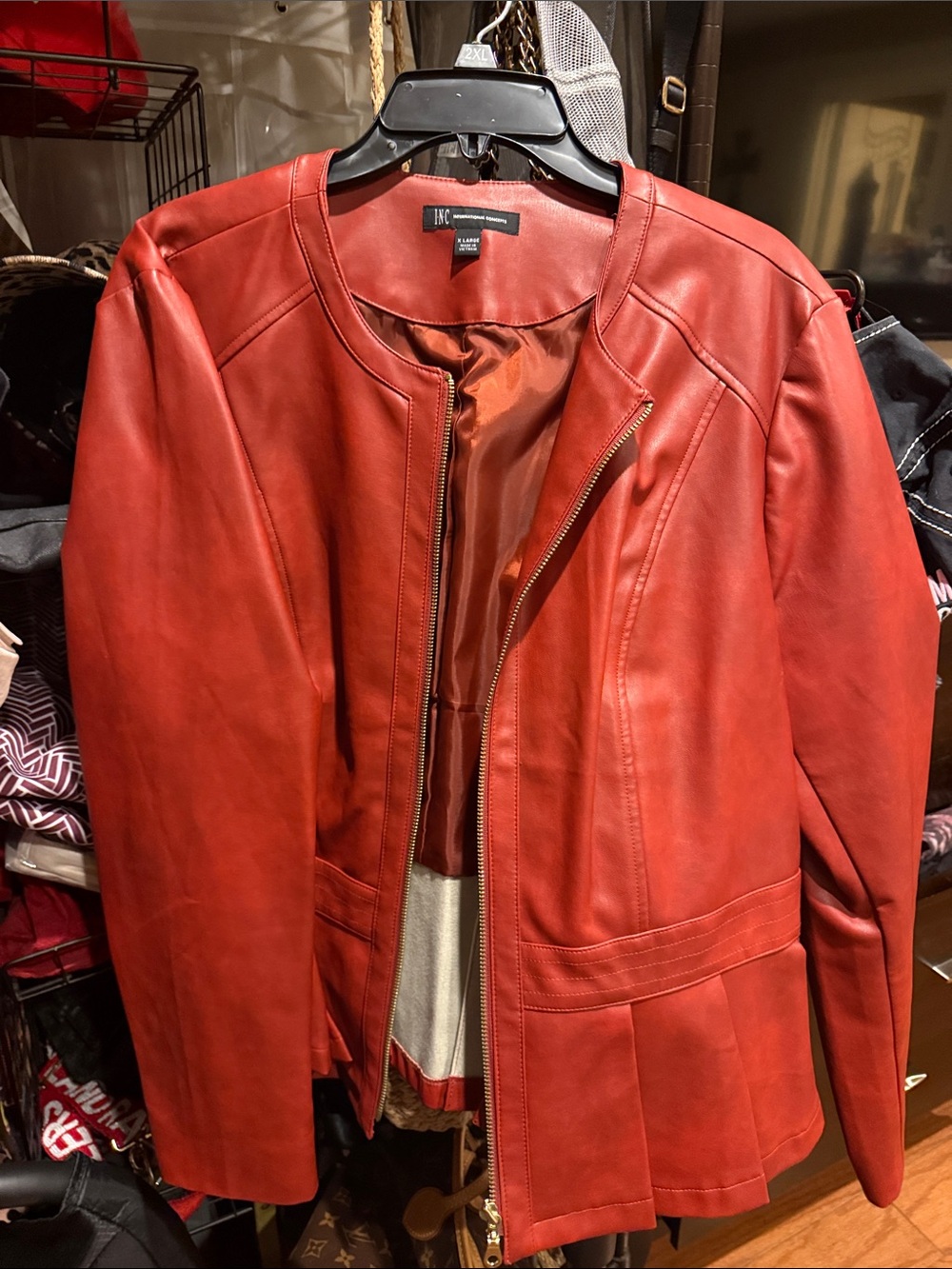INC International Concepts Red Collarless Faux Leather Zip Jacket